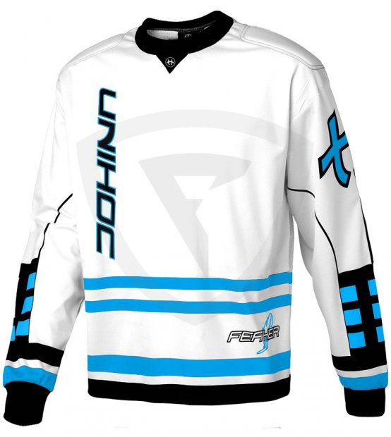 Zone White Feather Jr. Blue goalie jersey Unihoc Feather Jr. White Blue brankářský dres